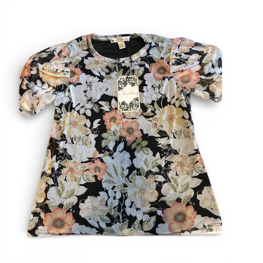 Floral Puff‑Sleeve top – Black Multi floral top (S)